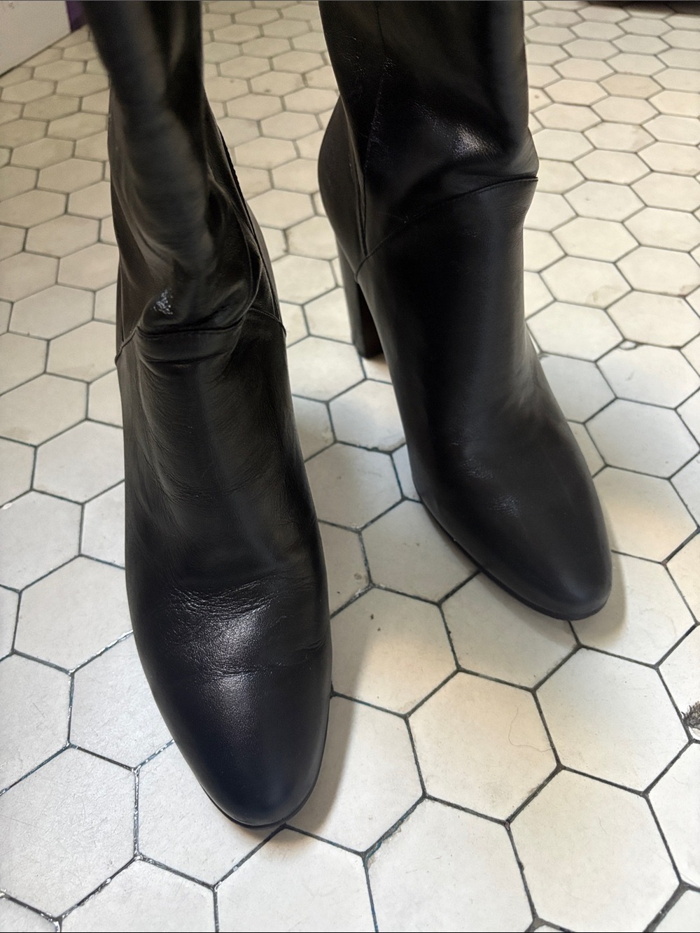 No. 6 Black Leather Mid-Calf Chunky Heel Boots - Picture 5 of 10